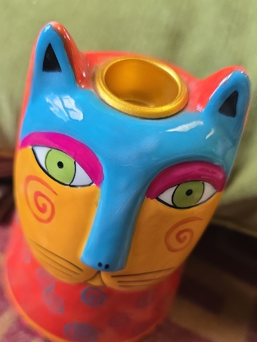 Laurel Burch Signed Colorful Cat Candle Holder Ceramic Ganz